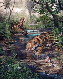 Homotherine and smilodontine sabertooths in their environments. 
